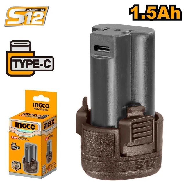 INGCO FBLI12153 12V 1.5Ah Lithium-Ion Battery Pack | USB Type-C Charging | S12 Series Battery | One Battery Fits All S12 Tools