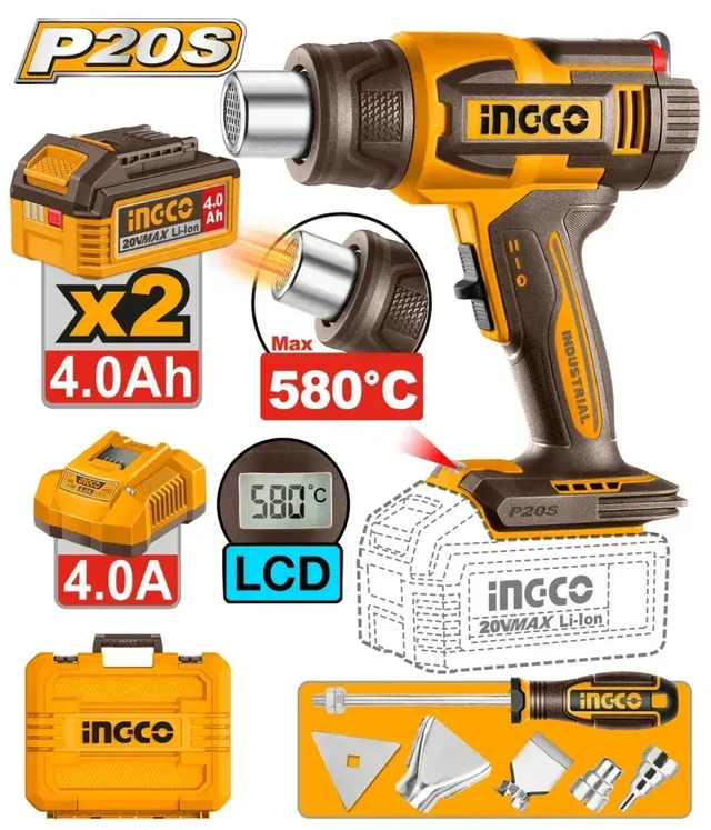 INGCO HGLI20582 20V Cordless Heat Gun | 30-580�C Adjustable Temperature | LCD Display | 100/200 L/min Airflow | 2 x 4.0Ah Batteries & Charger