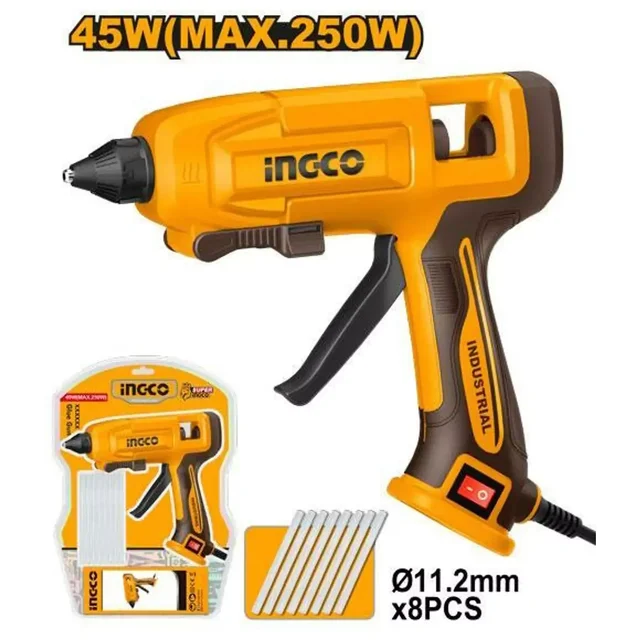 INGCO GG408 45W Hot Melt Glue Gun | 20-30g/min Gluing Capacity | 11.2mm Glue Stick | 3-5 Min Preheat | 8 Glue Sticks Included