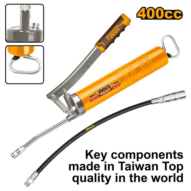 INGCO GRG015001 Heavy Duty Grease Gun | 400cc / 14oz | 4500 PSI Working Pressure | Taiwan Quality | 12 Inch Hose