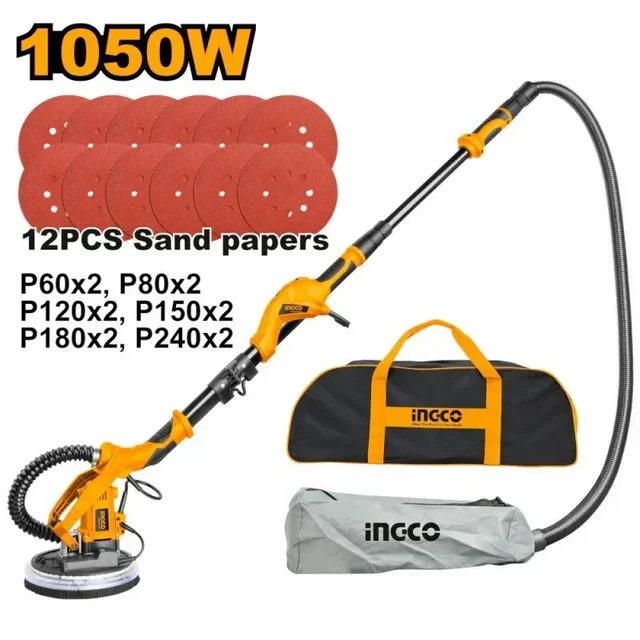 INGCO DWS10501 1050W Drywall Sander | 600-2600 RPM | 215mm Grinding Pad | 225mm Sanding Paper | Integrated Work Light | Dust Collection