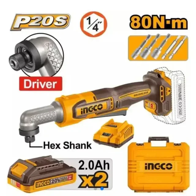 INGCO CAIRLI208 20V Brushless Cordless Impact Driver | 80Nm Max Torque | 6.35mm Hex Shank | 2200 RPM | 3400 BPM | 2 x 2.0Ah Batteries