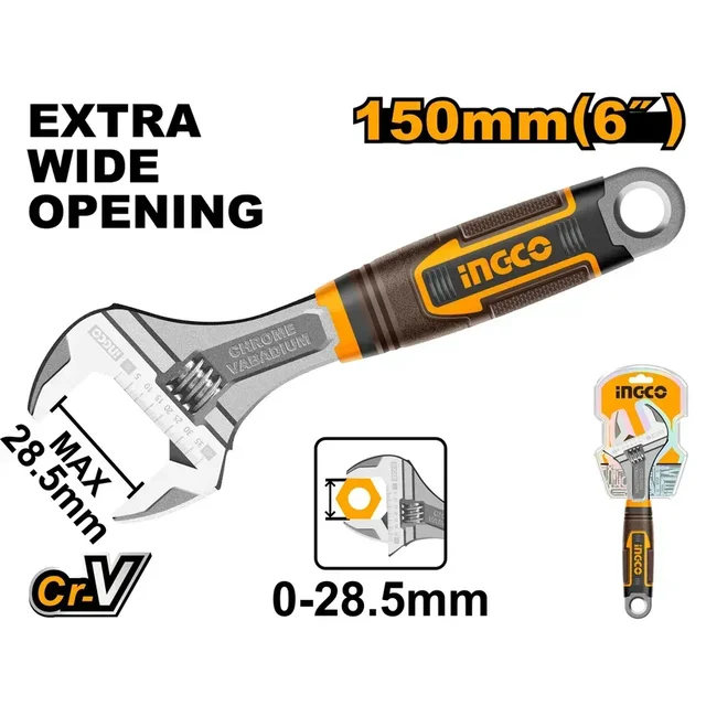 INGCO HADW131068 6 Inch Adjustable Wrench | 150mm | Cr-V Steel | 28.5mm Extra Opening | 24mm Jaw