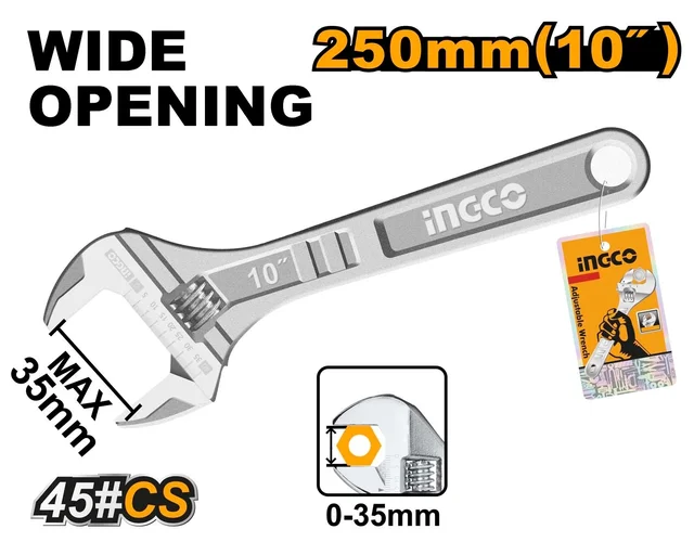 INGCO HADW131102 10 Inch Adjustable Wrench | 250mm | 35mm Wide Opening | 0-30mm Adjustable Jaw