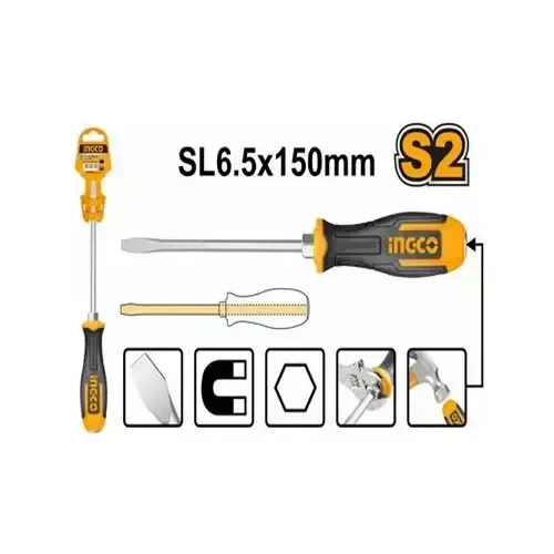 INGCO HGTS686150 6.5mm Slotted Go-Through Screwdriver | 150mm S2 Steel | 6mm Hex Shank | Heavy Duty