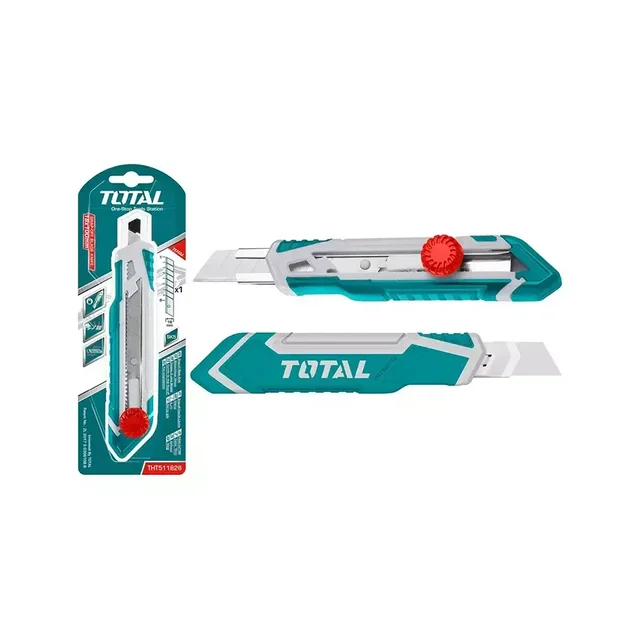Total Tools TOTAL TOOLS Snap-Off Blade Knife 18mm x 100mm, 173mm Length, SK5 Blade Included, Round Push Button, Sliding Card Pack � THT511826