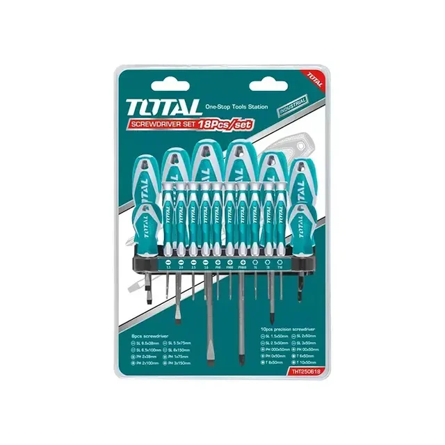 Total Tools TOTAL TOOLS 18-Piece Screwdriver and Precision Screwdriver Set (Cr-V Steel, Round Blades) with New Design Handles, Plastic Frame, and Double Blister Packaging - THT250618