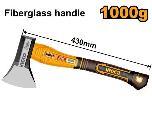 INGCO HAX0811000 1000g Fiberglass Handle Axe | Drop-Forged 45# Carbon Steel Head | Heat Treated | Strong Grip