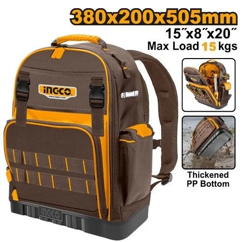 INGCO HBP03028 Heavy Duty Tool Backpack | 1680D Polyester Oxford | 15kg Max Load | 38x20x50.5cm | Rigid Frame | Reinforced Base