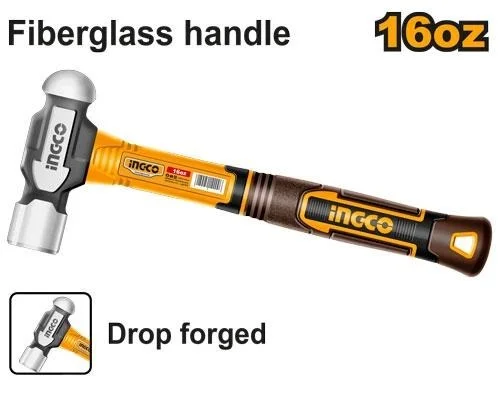 INGCO HBPH81016 16oz Ball Pein Hammer 450g | Fiberglass Handle | Drop-Forged 45# Carbon Steel Head | Heat Treated