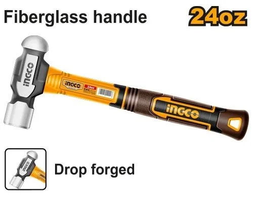 INGCO HBPH81024 24oz Ball Pein Hammer 660g | Fiberglass Handle | Drop-Forged 45# Carbon Steel Head | Heat Treated