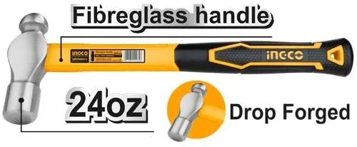 INGCO HBPH88024 24oz Ball Pein Hammer 660g | Fiberglass Handle | Drop-Forged 45# Carbon Steel Head | Heat Treated