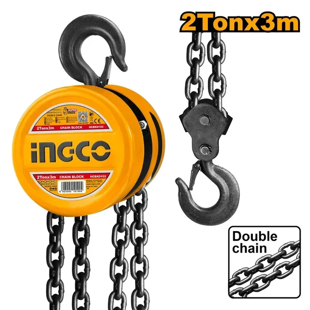 INGCO HCBK0102 2 Ton Chain Block | 3m Lift Height | Manual Chain Hoist | 380mm Hook Distance