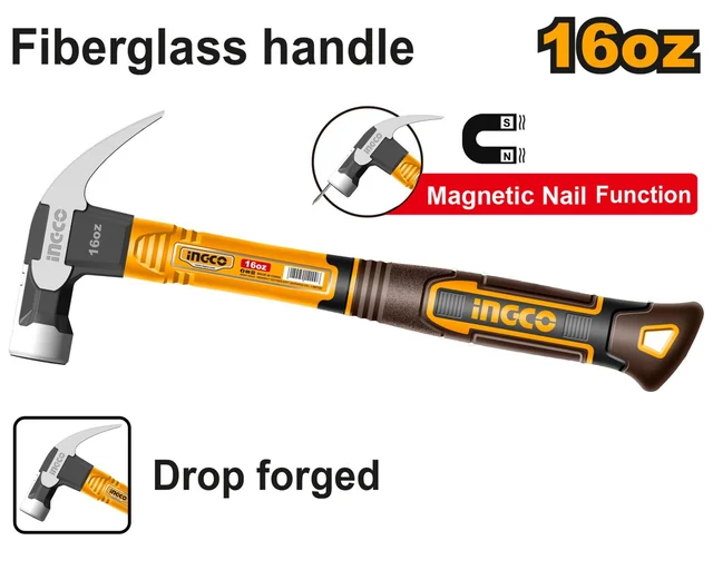 INGCO HCH81016 16oz Claw Hammer 450g | Fiberglass Handle | Drop-Forged 45# Carbon Steel Head | Heat Treated