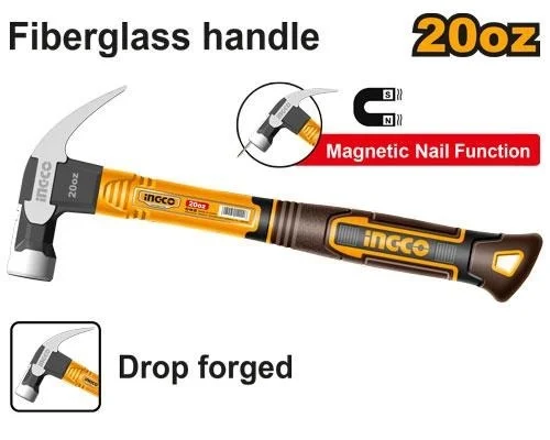 INGCO HCH81020 20oz Claw Hammer 560g | Magnetic Nail Function | Fiberglass Handle | Drop-Forged Carbon Steel Head