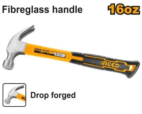 INGCO HCHS8016 16oz Claw Hammer 450g | Fiberglass Handle | Drop-Forged 45# Carbon Steel Head | Heat Treated