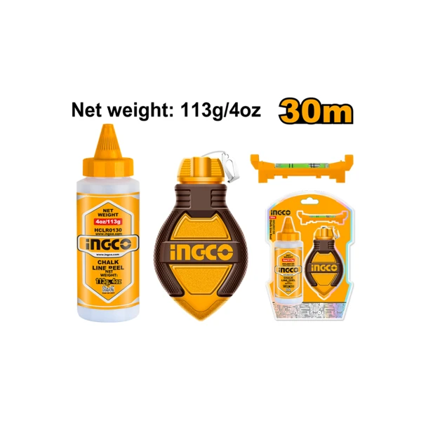 INGCO HCLR0130 30m Chalk Line Reel Set | Chalk Line, Spirit Bubble & 113g Blue Powder