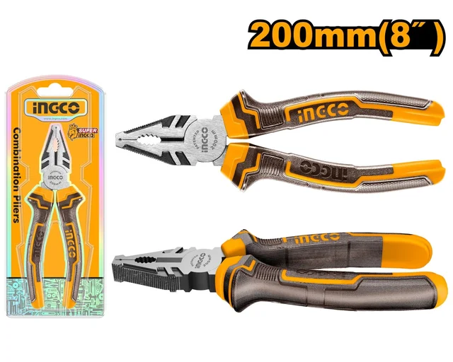 INGCO HCP08208 8 Inch Combination Pliers | 200mm | Polished Finish | Anti-Rust Protection | Two-Color Handle