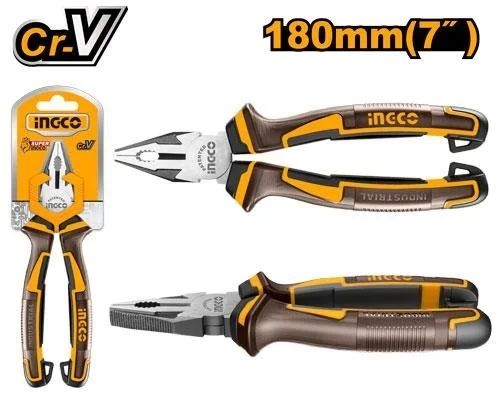 INGCO HCP28188 7 Inch Combination Pliers | 180mm Cr-V Steel | Black Finish & Polish | TPR Three-Color Handle