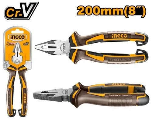 INGCO HCP28208 8 Inch Combination Pliers | 200mm Cr-V Steel | Black Finish & Polish | TPR Two-Color Handle