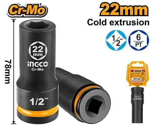 INGCO INGCO HDIS12222L 22mm Deep Impact Socket | 1/2 Inch Drive | 78mm | CrMo Steel