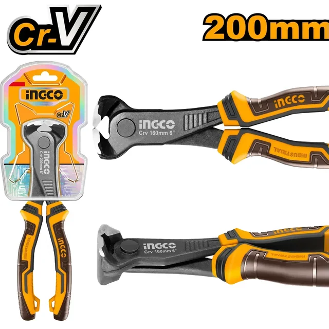 INGCO HECP28200 8 Inch End Cutting Pliers | 200mm Cr-V Steel | Black Finish & Polish | TPR Two-Color Handle