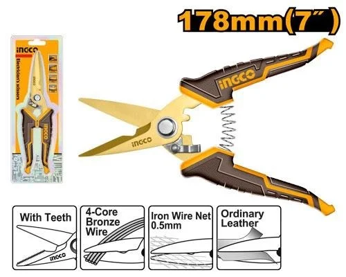 INGCO HES0187 7 Inch Electrician's Scissors | 170mm Stainless Steel | Serrated Blade | Sand Blast Finish