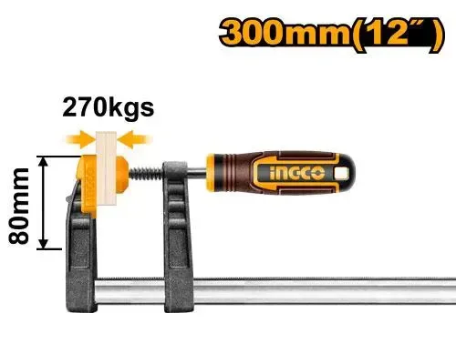 INGCO HFC020802 F Clamp 80x300mm | 270kg Max Clamping Force | 6x22mm Iron Bar | Plastic Handle