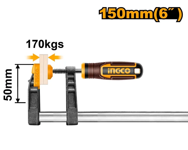 INGCO HFC020501 F Clamp 50x150mm | 170kg Max Clamping Force | 5x15mm Iron Bar | Plastic Handle
