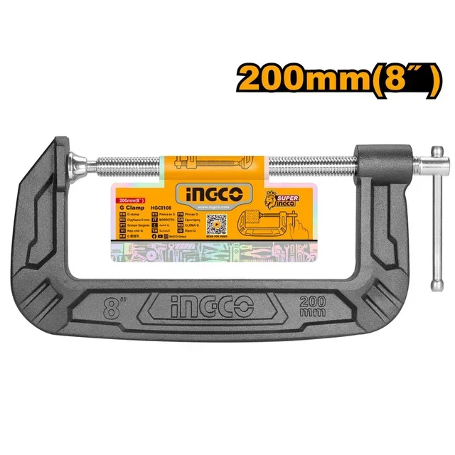 INGCO HGC0108 8 Inch G Clamp | 200mm | 1100kg Max Clamping Force | Malleable Cast Iron | T-Thread