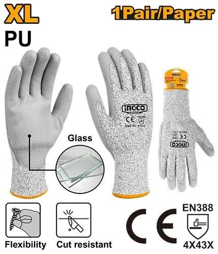 INGCO HGCG02-XL Cut Resistant Gloves | XXL PU Coated | Level 5 HPPE Liner | 4X43D Protection | CE