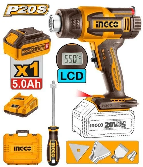 INGCO HGLI20035 20V Cordless Heat Gun | 30-550�C Adjustable Temperature | LCD Display | 100/200 L/min Airflow | 5.0Ah Battery & Charger