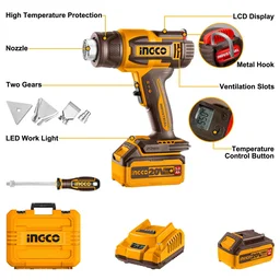 INGCO HGLI20035 20V Cordless Heat Gun | 30-550�C Adjustable Temperature | LCD Display | 100/200 L/min Airflow | 5.0Ah Battery & Charger