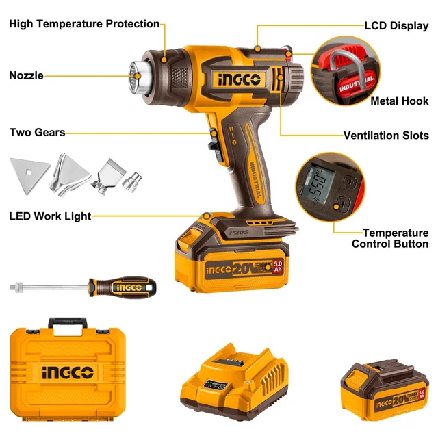INGCO HGLI20035 20V Cordless Heat Gun | 30-550�C Adjustable Temperature | LCD Display | 100/200 L/min Airflow | 5.0Ah Battery & Charger