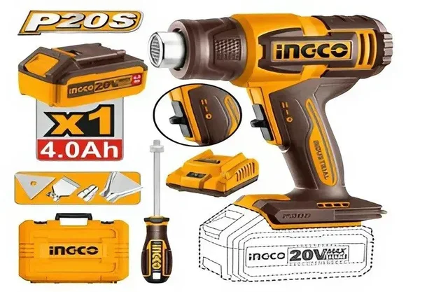 INGCO HGLI20065 20V Cordless Heat Gun | 300/550�C Dual Temperature | 100/200 L/min Airflow | 4.0Ah Battery & Charger | 3 Nozzles & Scraper