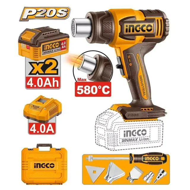 INGCO HGLI20085 20V Cordless Heat Gun | 300/580�C Dual Temperature | 100/200 L/min Airflow | 2 x 4.0Ah Batteries & 4A Charger | 4 Nozzles