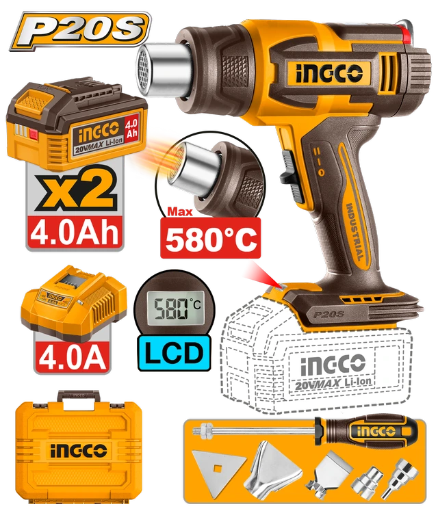 INGCO HGLI20582 20V Cordless Heat Gun | 30-580�C Adjustable Temperature | LCD Display | 100/200 L/min Airflow | 2 x 4.0Ah Batteries & Charger