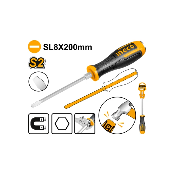 INGCO HGTS688200 8mm Slotted Go-Through Screwdriver | 200mm S2 Industrial Steel | 8mm Hex Shank | Heavy Duty