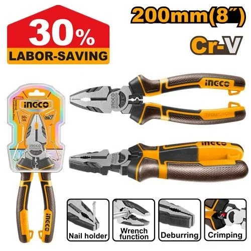 INGCO HHCP28200 8"/200mm High Leverage Combination Pliers | Cr-V Steel | 30% Energy Saving | Crimping & Multi-Function