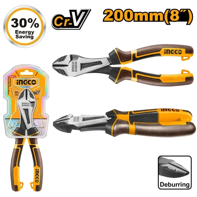INGCO HHHDCP28200 8"/200mm High Leverage Heavy-Duty Diagonal Cutting Pliers | Cr-V Steel | 30% Energy Saving