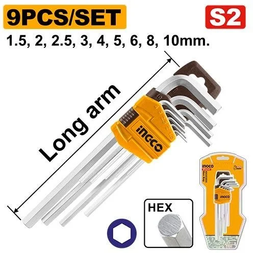 INGCO HHK11091 9-Piece Long Arm Hex Key Set | Cr-V Allen Keys | 1.5-10mm | Heat Treated & Chrome Plated