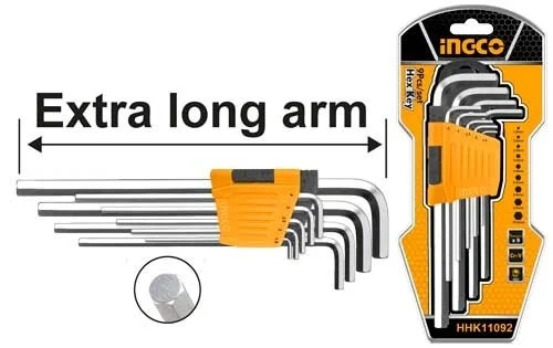 INGCO HHK11092 9-Piece Extra Long Arm Hex Key Set | Cr-V | 1.5-10mm | Heat Treated | Chrome Plated Allen Keys