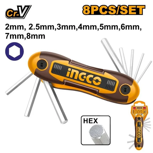 INGCO HHK14081 8-Piece Pocket Hex Key Set | Cr-V Allen Keys | 2-8mm | Heat Treated & Chrome Plated