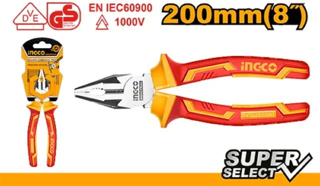 INGCO HICP28208 8" Insulated Combination Pliers | 200mm | 1000V High Voltage | Black Finish & Polish