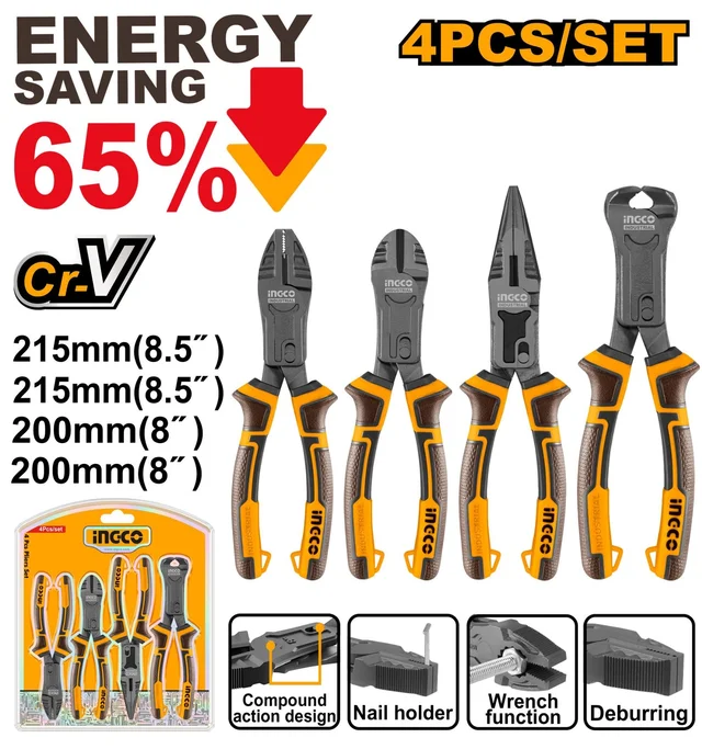INGCO HKCPS5841 4-Piece Compound Action Pliers Set | 8.5" Cr-V Pliers | 65% Energy Saving | Combination, Cutting & Long Nose