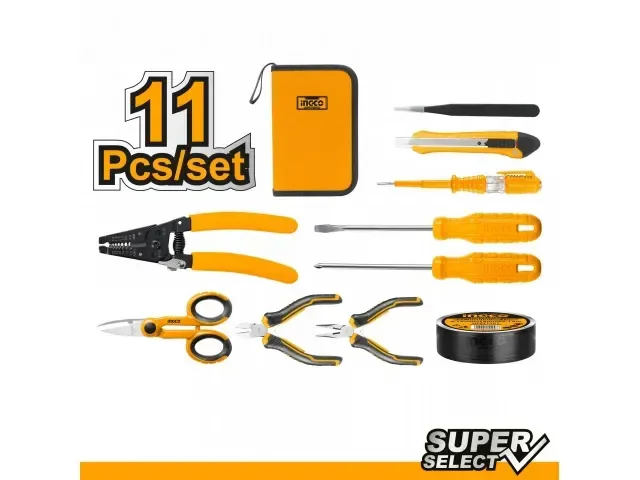 INGCO HKETS0111 11-Piece Electrician Tools Set | Pliers, Wire Stripper, Screwdrivers, Tester & Insulation Tape
