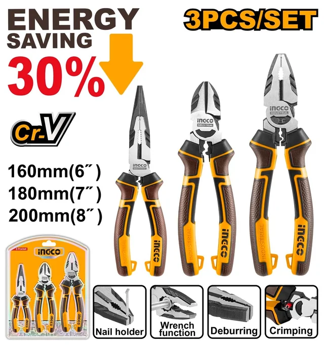 INGCO HKHLPS2831 3-Piece High Leverage Pliers Set | 8" Combination, 7" Diagonal & 6" Long Nose | Cr-V Steel
