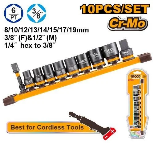 INGCO HKISSD38104 10-Piece 3/8 Inch Drive Impact Socket Set | Cr-Mo Steel | 8-19mm | Adapters & Storage Box