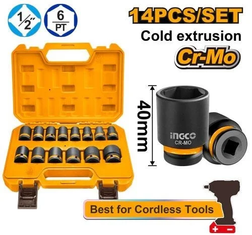INGCO HKISSD12141 14-Piece 1/2 Inch Drive Impact Socket Set | 10-27mm | Cr-Mo Steel