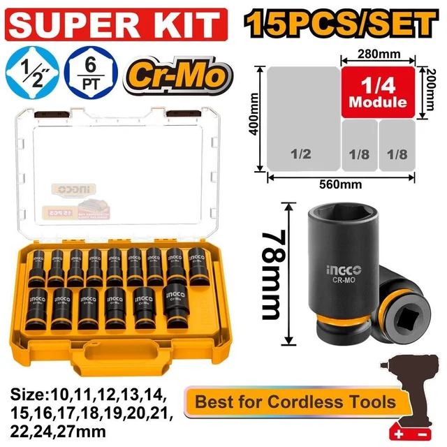 INGCO 15 Pcs 1/2" DR. Deep impact socket set HKISSD12158L is designed for practical, reliable performance in everyday workshop tasks.